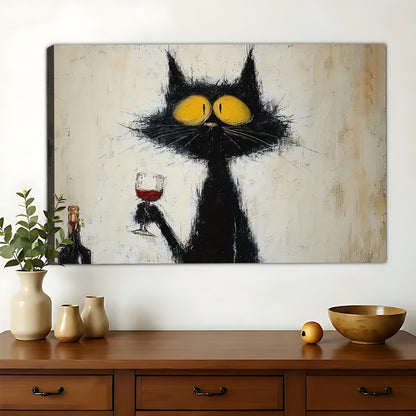 Black Cat with Wine Glass – Retro Cocktail Wall Art on Natural Wood Canvas | W939
