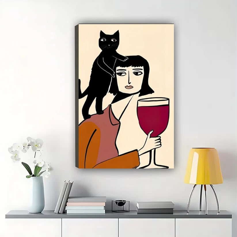 Woman with Wine & Black Cat – Retro Whimsical Cat Wall Art on Natural Wood Canvas | W2027