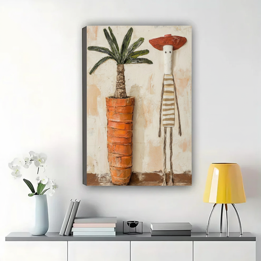 Striped Figure & Potted Palm Wall Art – Naive Art Outsider Canvas Print on Natural Wood Frame | W2195