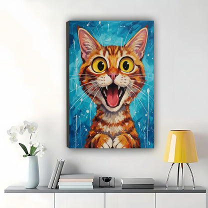 The Wide-Eyed Surprised Tabby – Vibrant Artistic Wall Art on Natural Wood Canvas | W610