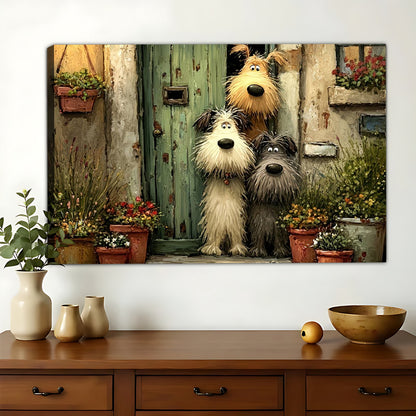 Three Dogs at Cottage Door – Whimsical Vintage Town Illustration Wall Art on Natural Wood Canvas | W2002
