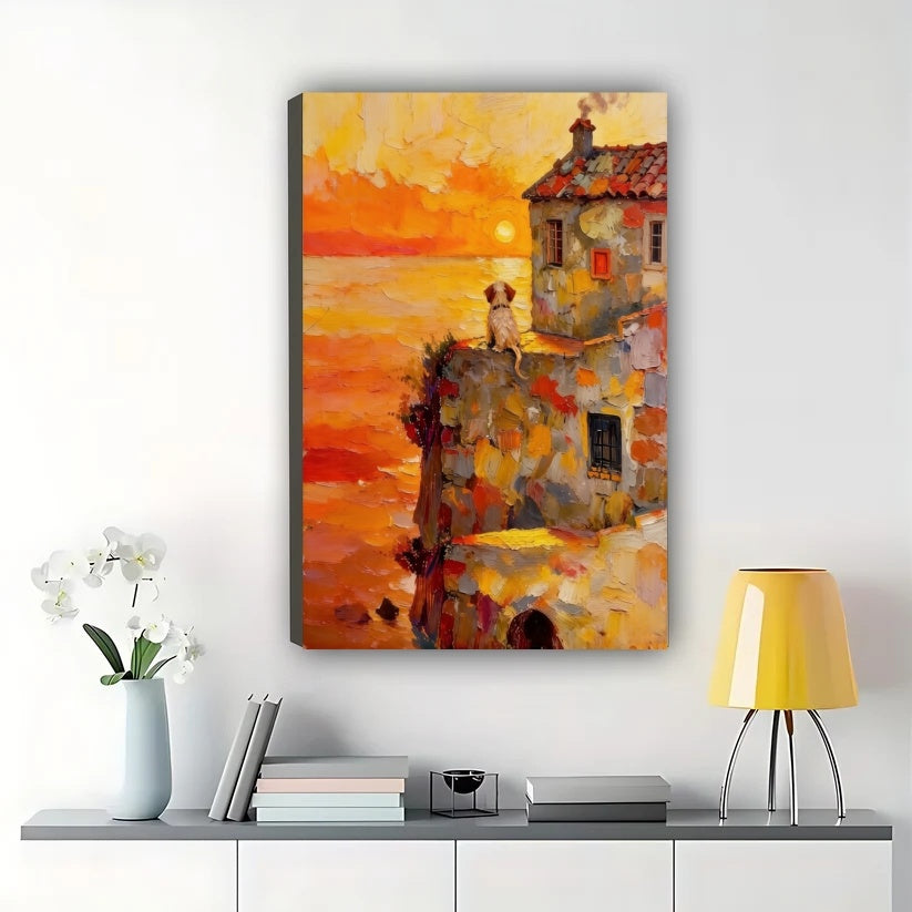 Sunset Seaside Dog Wall Art – Warm Impressionist Dog Canvas Print on Natural Wood Frame | W2408