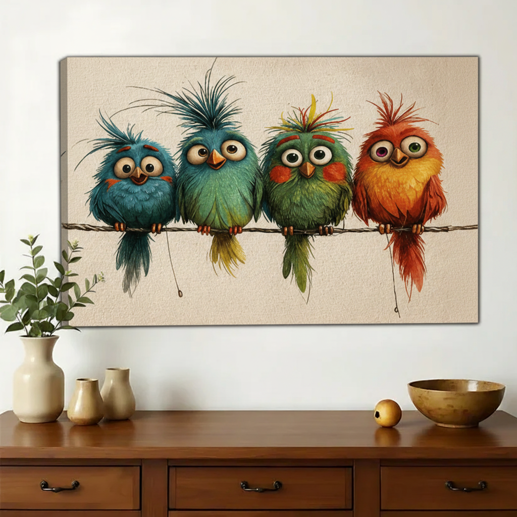 Four Crazy Colorful Birds on a Wire Wall Art – Funny Cartoon Canvas Print on Natural Wood Frame | W2206
