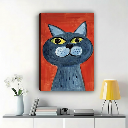 Blue Cat on Red Wall Art – Bold Neo-Expressionist Canvas Print on Natural Wood Frame | W2202