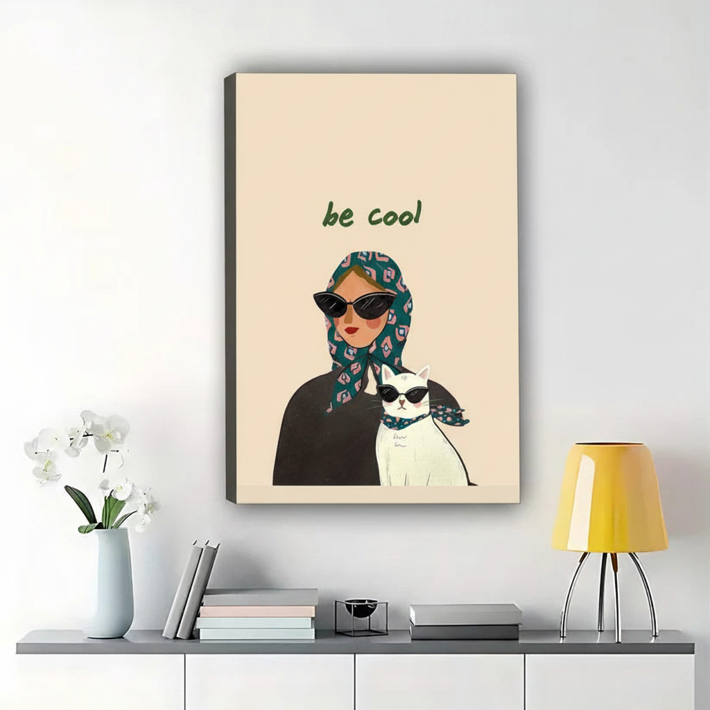 Be Cool Woman with Cool Cat – Modern Retro Fashion Wall Art on Natural Wood Canvas | W977