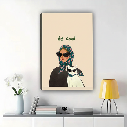 Be Cool Woman with Cool Cat – Modern Retro Fashion Wall Art on Natural Wood Canvas | W977