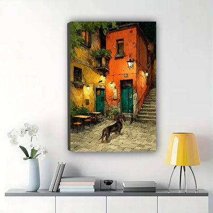 Mediterranean Town Dachshund Wall Art – Warm European Street Landscape Framed Painting | W2188