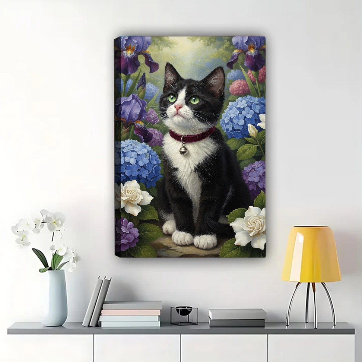 Tuxedo Cat in Flower Garden Canvas Art - Blue Hydrangeas & Irises|W1066