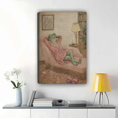 Frog in Pink Robe on Lounge Chair – Retro Whimsical Wall Art on Natural Wood Canvas | W967