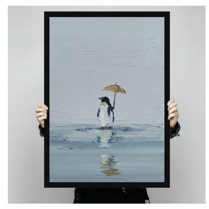 Lonely Penguin Umbrella Oil Painting Canvas Wall Art