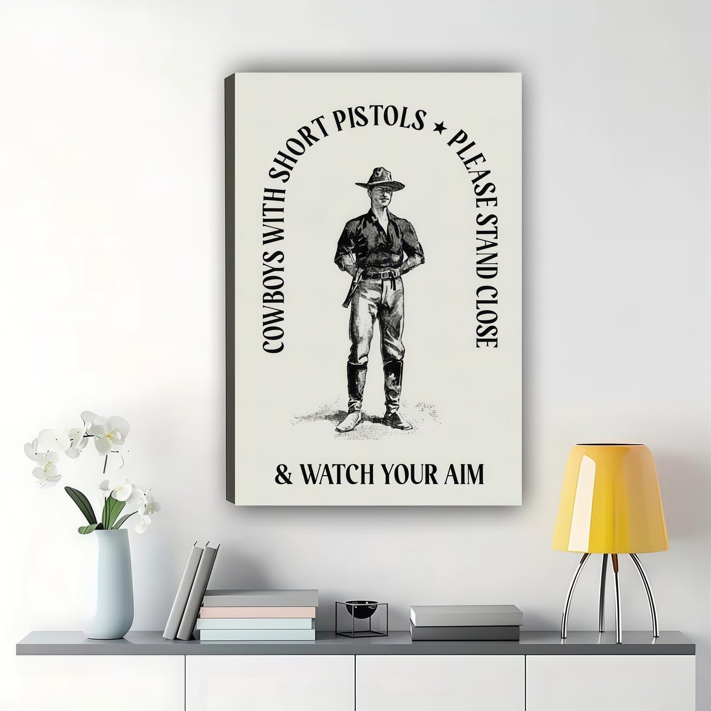 Watch Your Aim  Retro Cowboy Humorous Wall Art  Western Themed Bathroom & Man Cave Decor | W828