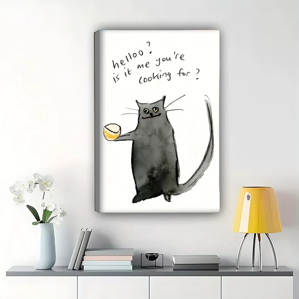 Cat with Bowl Wall Art - Funny Kitchen Humor Print|W1248