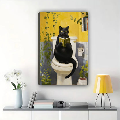 Black Cat Reading on Toilet Wall Art – Funny Bathroom Cat Canvas Print on Natural Wood Frame | W2259