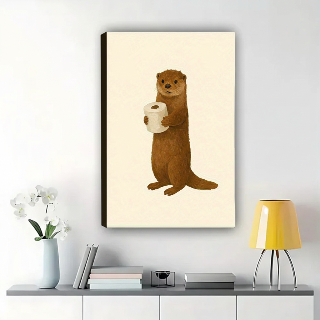 Otter with Toilet Paper Wall Art – Cute Bathroom Animal Canvas Print on Natural Wood Frame | W2134