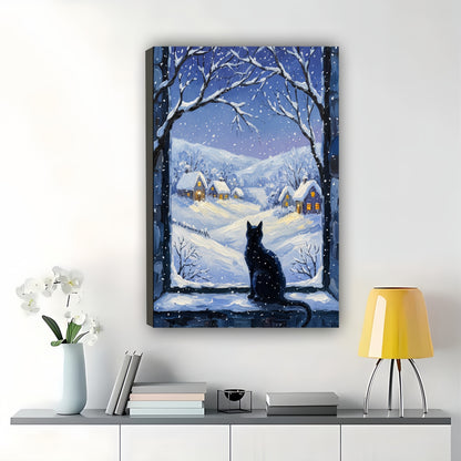 The Snowy Window Black Cat – Cozy Winter Wall Art on Natural Wood Canvas | W638