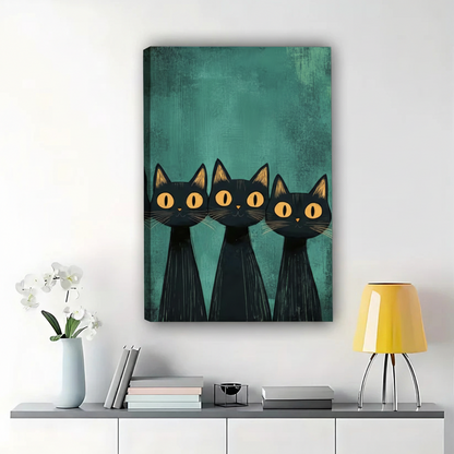 Three Black Cats – Minimalist Modern Style Natural Wood Grain Canvas Wall Art | W622