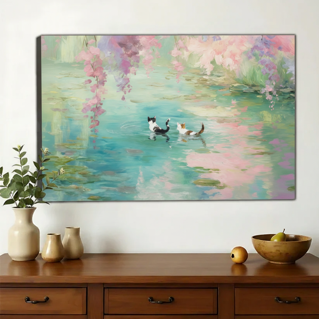 Monet-Inspired Water Lily Cats Wall Art – Dreamy Floral Cat Canvas Print on Natural Wood Frame | W2233