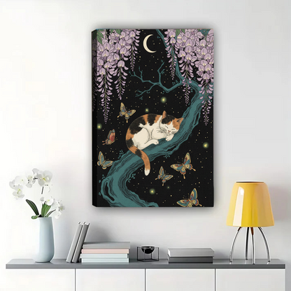 Cat Sleeping on Tree Branch Framed Wall Art - Moonlight Wisteria Print|W1076