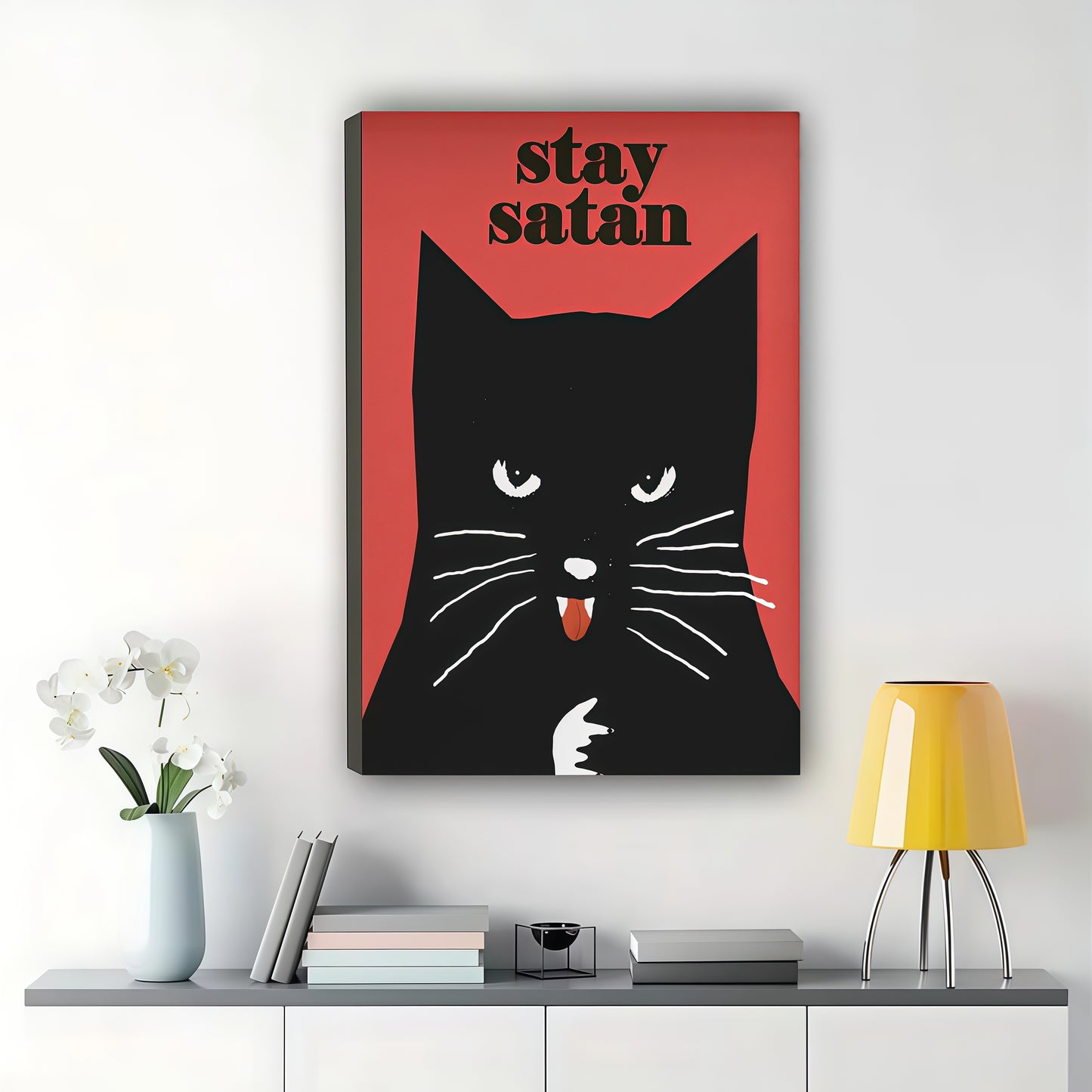 Stay Satan Sassy Black Cat – Retro Humorous Wall Art on Natural Wood Canvas | W955