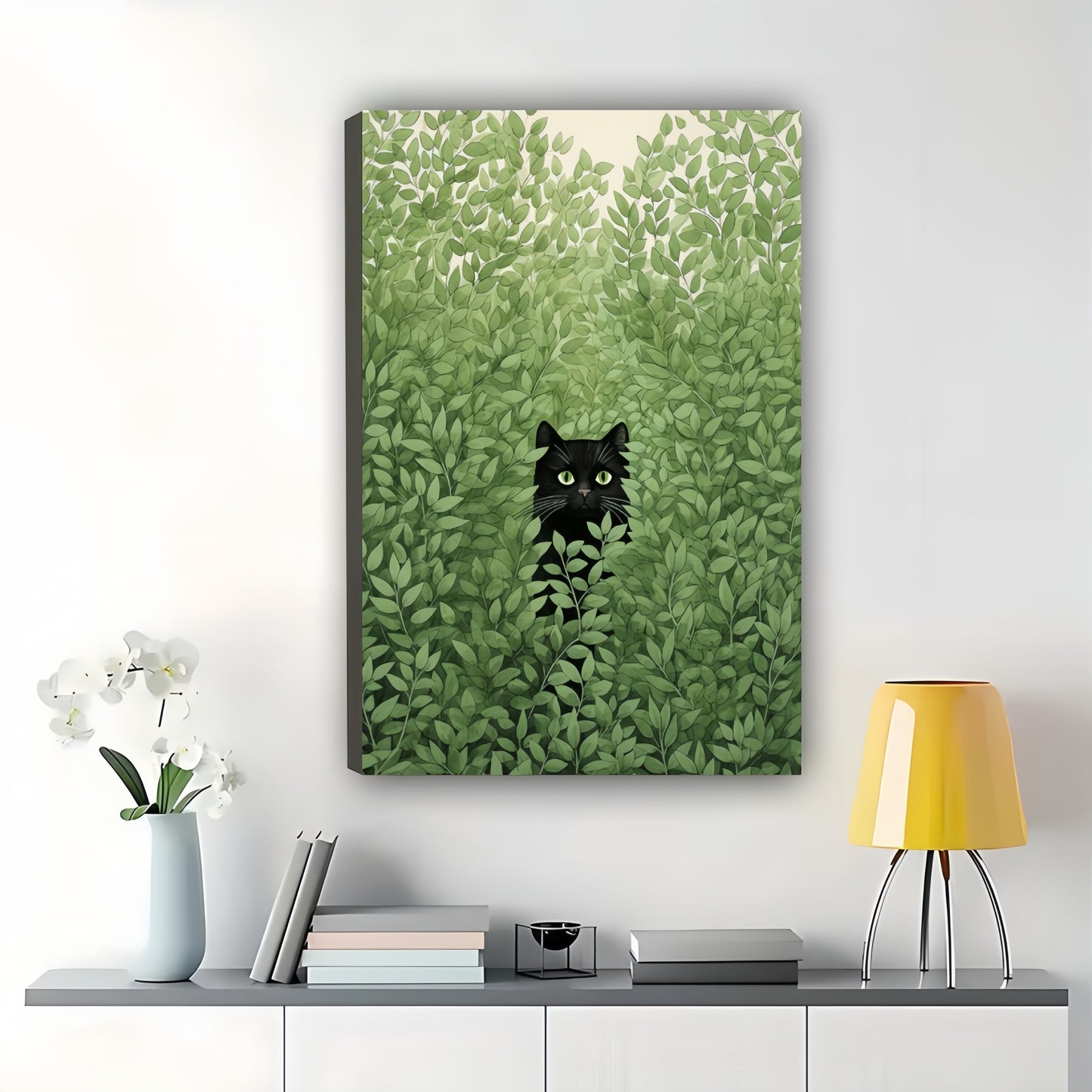 Black Cat Peeking Through Green Foliage – Minimalist Nature Wall Art on Natural Wood Canvas | W772