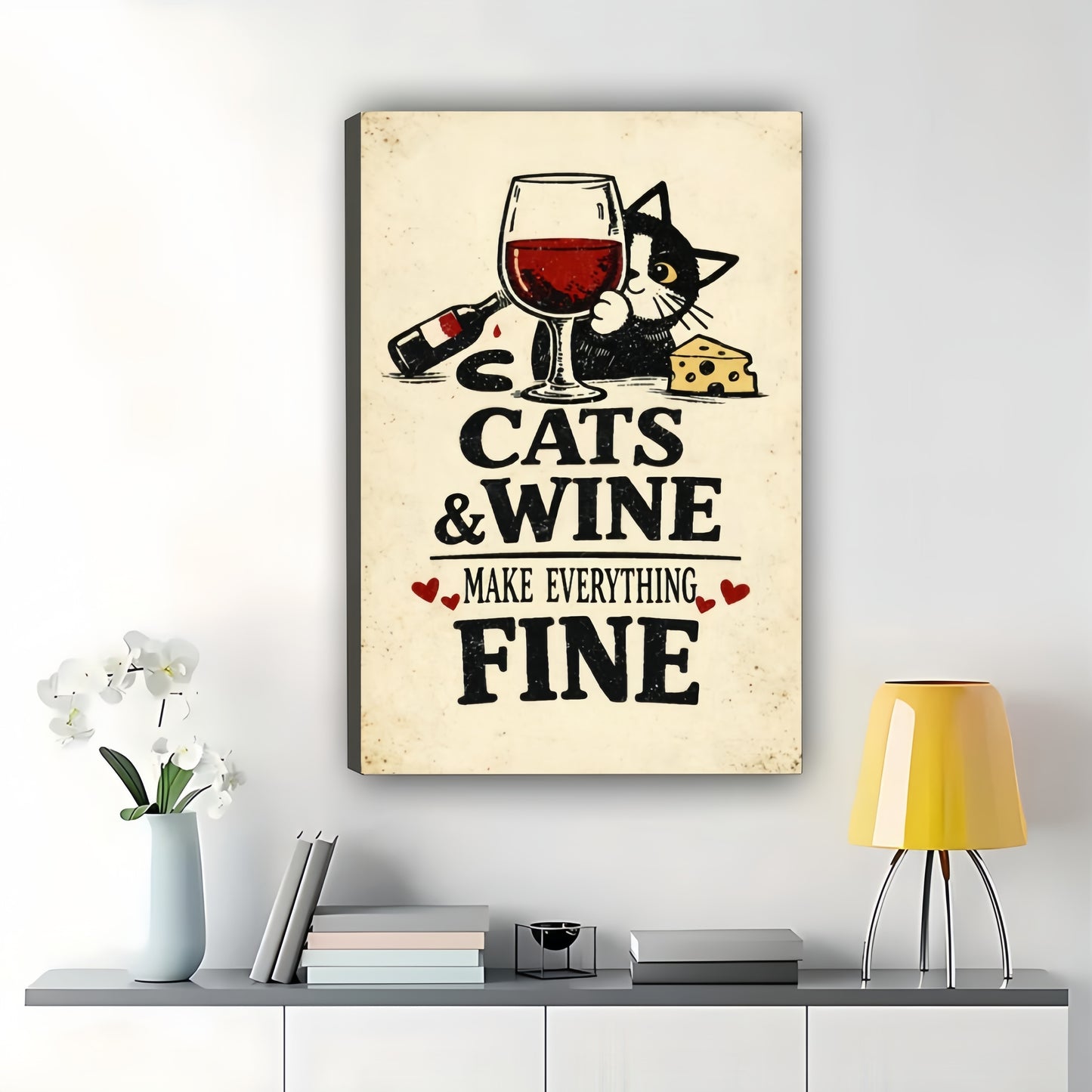 Cats & Wine Make Everything Fine – Vintage Retro Cat Bar Wall Art on Natural Wood Canvas | W2055