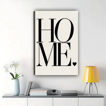 HOME Bold Typography – Modern Minimalist Heart Wall Art on Natural Wood Canvas | W2032