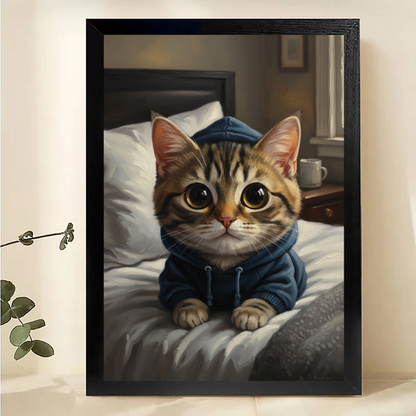 Cozy Cat in Hoodie Art Print - Cute Tabby Kitten Bedroom Wall Decor| W1021