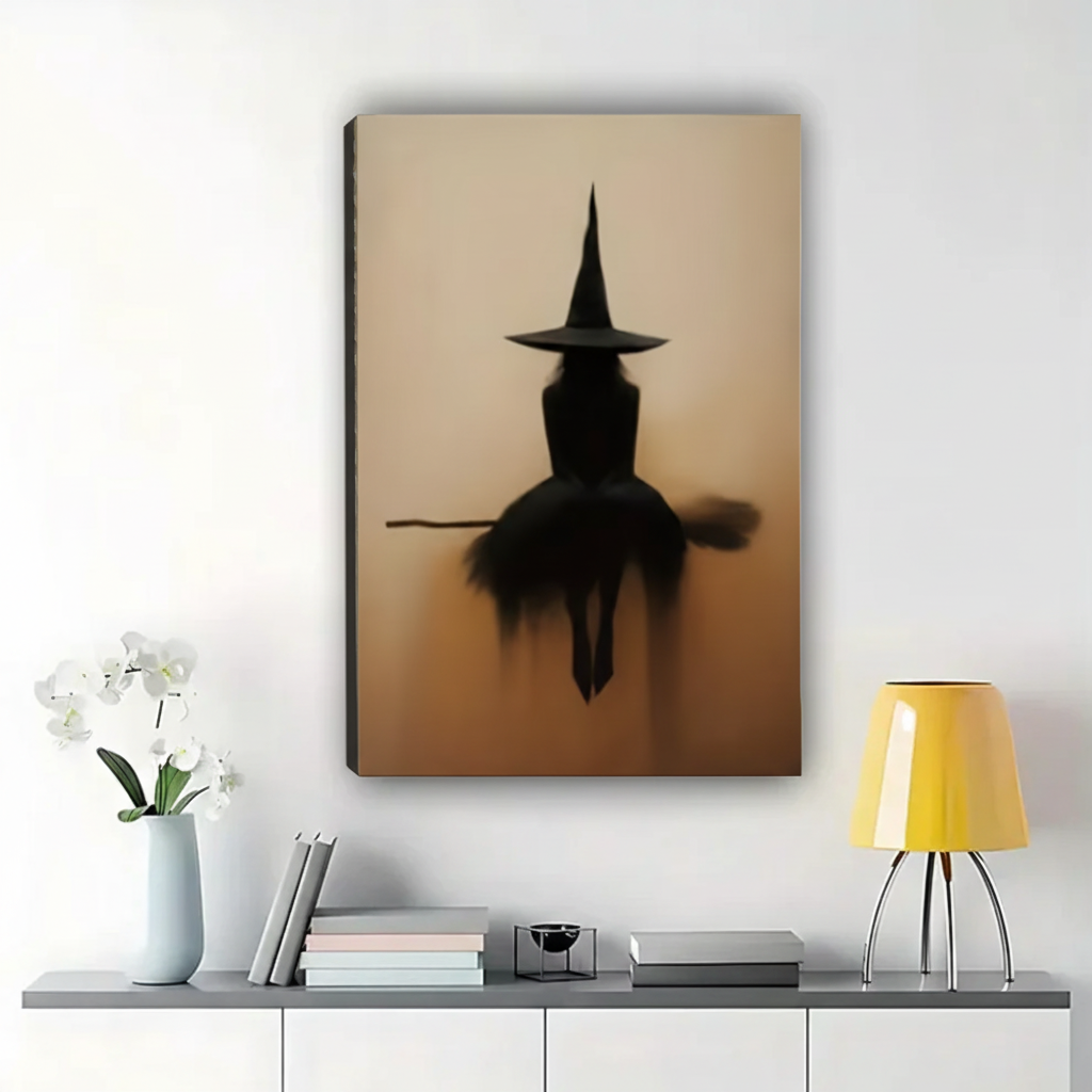 Witch Silhouette on Broomstick Wall Art – Moody Halloween Canvas Print on Natural Wood Frame | W2140