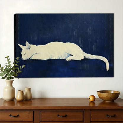 The White Cat On Navy Background – Calm Minimalist Wall Art on Natural Wood Canvas | W587