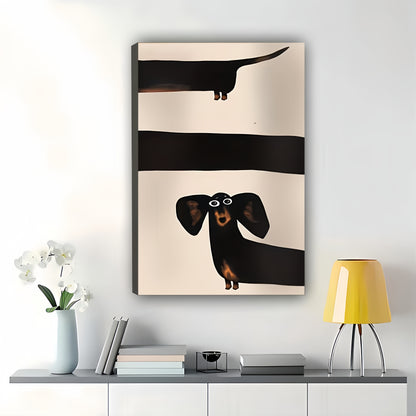 Minimalist Dachshund Striped Illustration – Sleek Pet Wall Art on Natural Wood Canvas | W691
