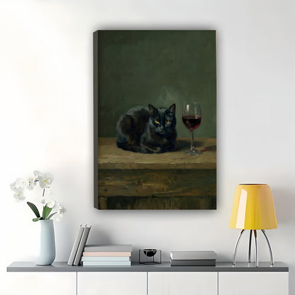 Vintage Style Black Cat with Wine Glass – Classic Oil Painting Wall Art on Natural Wood Canvas | W747