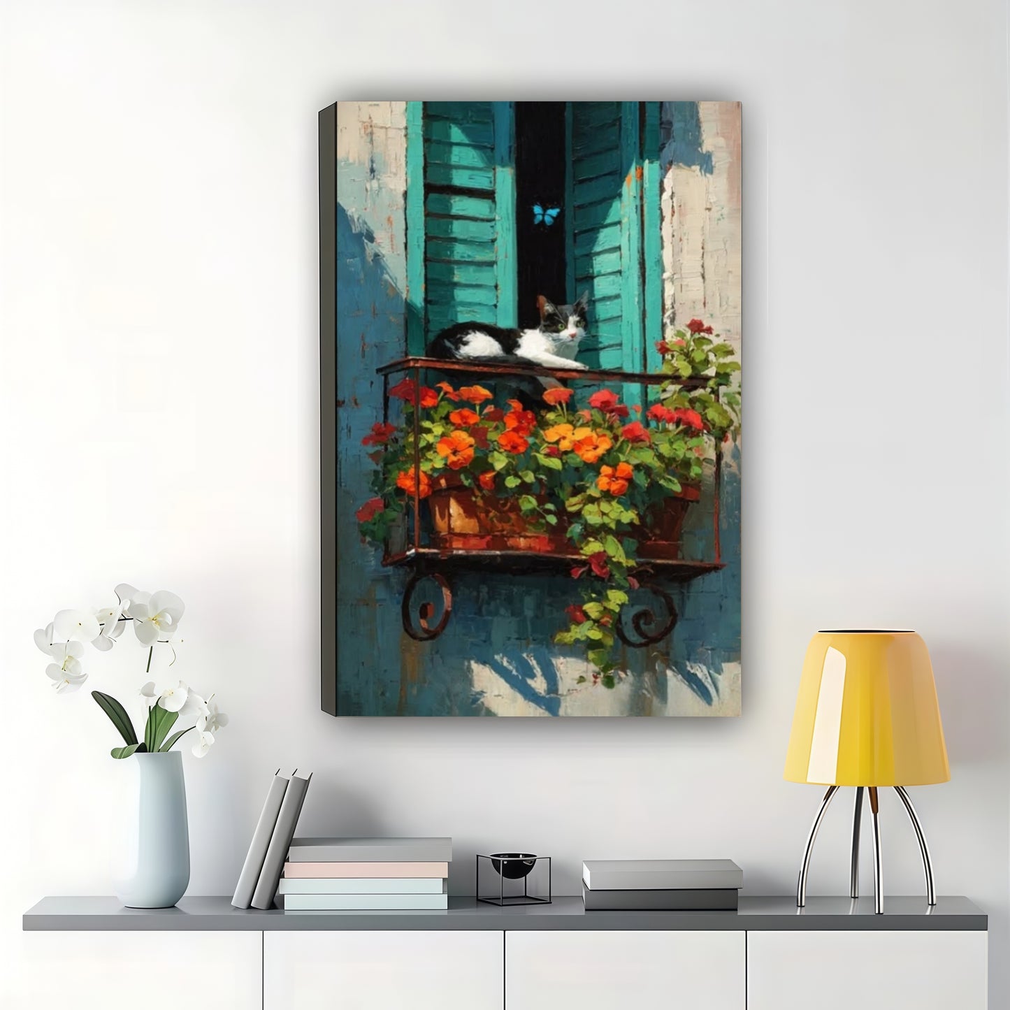 Cat on Balcony with Flowers Wall Art – Charming Mediterranean Cat Canvas Print on Natural Wood Frame | W2415