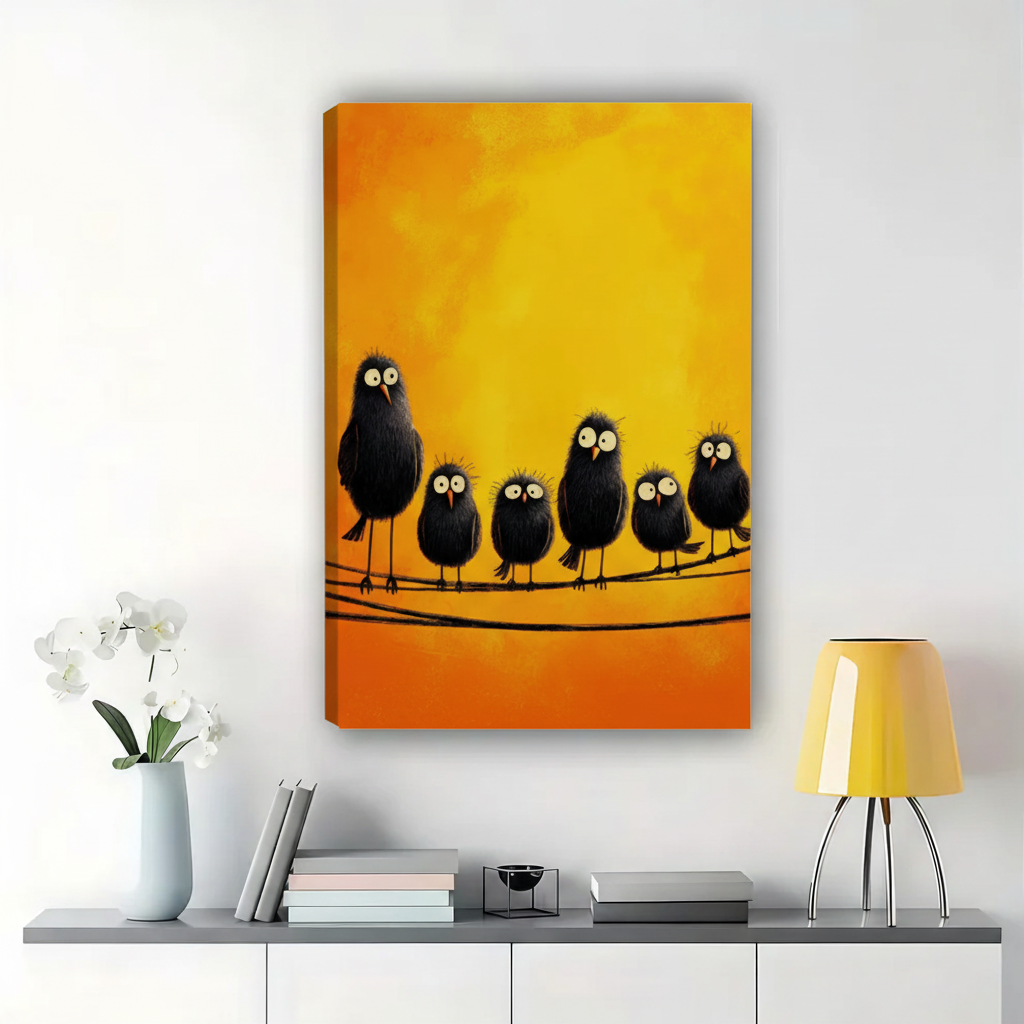 Fluffy Black Birds on a Wire Wall Art – Quirky Illustrated Animal Canvas Print on Natural Wood Frame | W2323