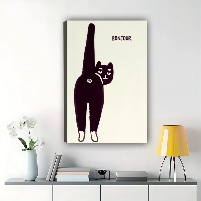 Bonjour Long Leg Black Cat – Minimalist Whimsical Wall Art on Natural Wood Canvas | W922