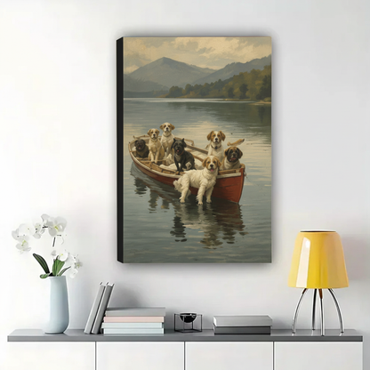 Seven Dogs in a Rowboat Wall Art – Classic Vintage Dog Canvas Print on Natural Wood Frame | W2282