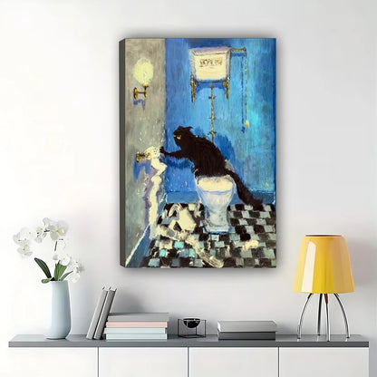 Black Cat Flushing Toilet – Humorous Bathroom Art Parody Wall Art on Natural Wood Canvas | W848