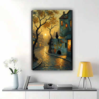 Rainy Cobblestone Town Black Cat – Moody Vintage Wall Art on Natural Wood Canvas | W902