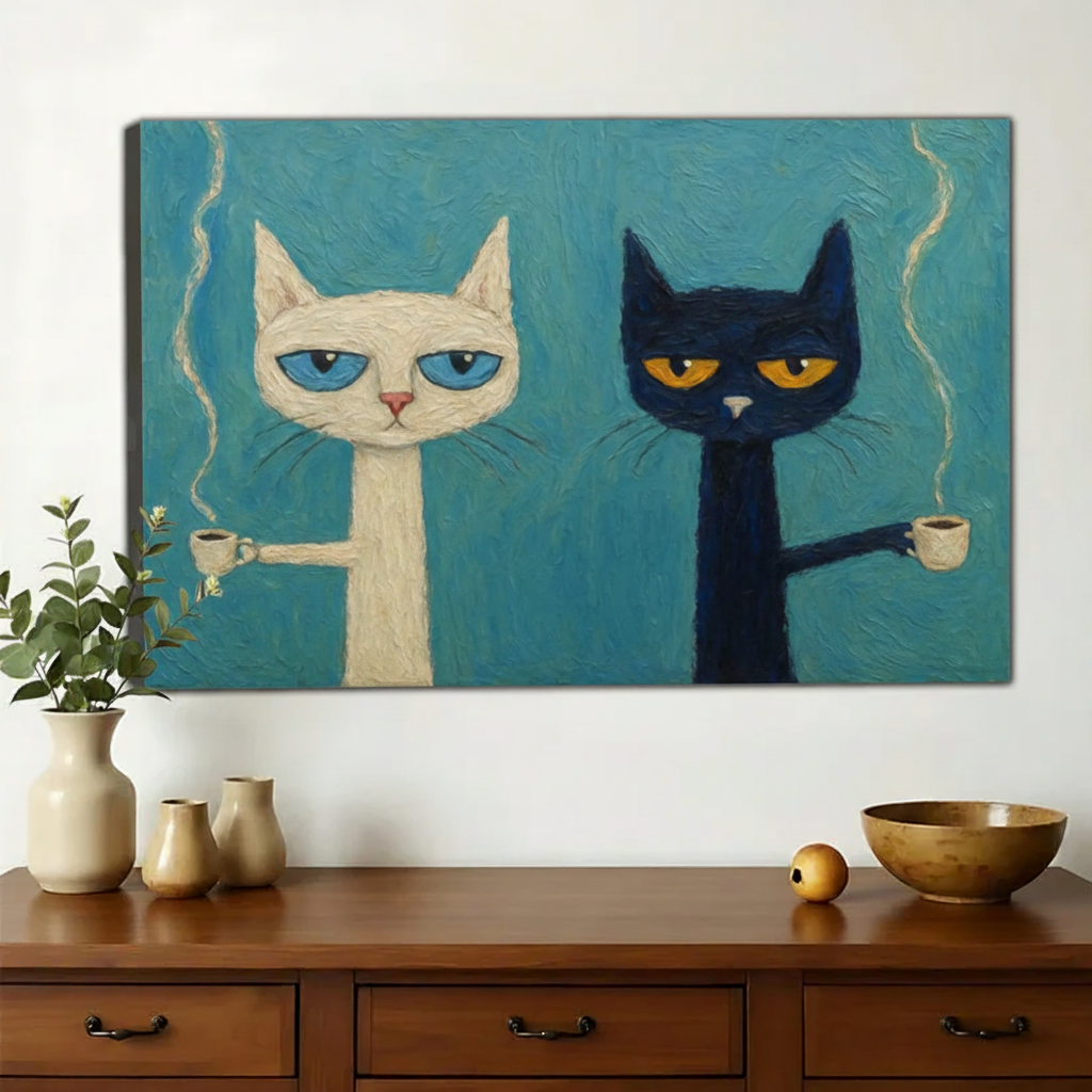 Two Cats with Coffee Wall Art – Quirky Retro Cat Canvas Print on Natural Wood Frame | W2113