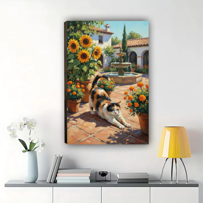 Cat in Mediterranean Courtyard Wall Art - Tuscan Garden Print| W1049