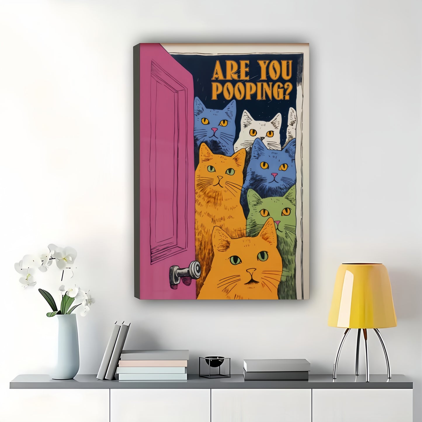 Are You Pooping? Colorful Cat Group – Humorous Bathroom Wall Art on Natural Wood Canvas | W822