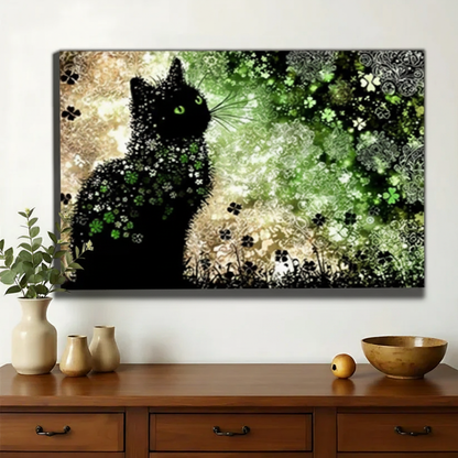Black Cat in Clover Garden Wall Art – Enchanted Botanical Fantasy Canvas Print on Natural Wood Frame | W2167