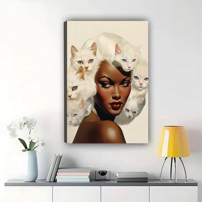 Cat Hair  Woman Portrait – Surreal Art Parody Wall Art on Natural Wood Canvas | W932