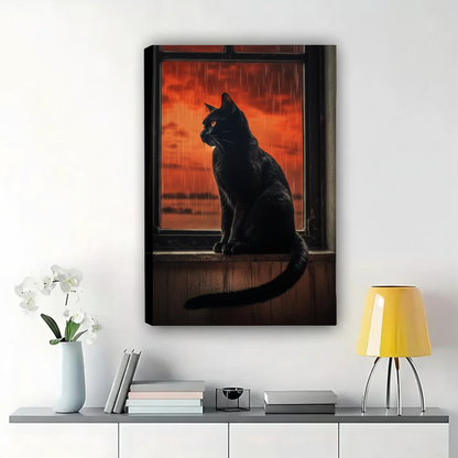 Black Cat at Rainy Window Wall Art – Moody Atmospheric Canvas Print on Natural Wood Frame | W2124