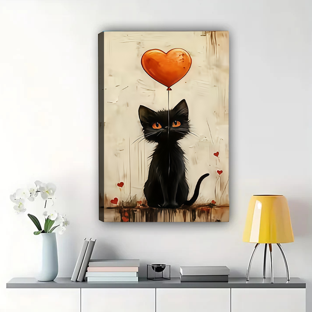 Black Cat with Heart Balloon Wall Art- Romantic Wall Decor|W1101