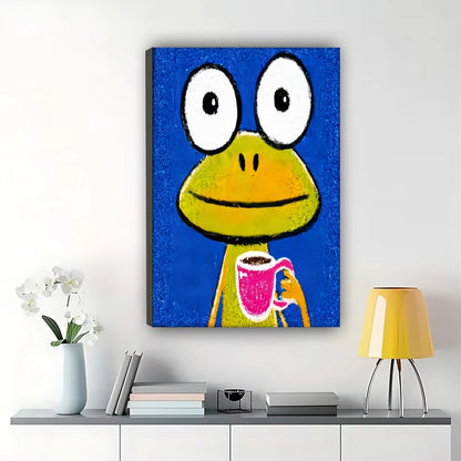 Playful Cartoon Mini Illustration – Cheerful Tiny Wall Art on Natural Wood Canvas | W686