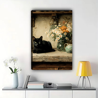 Vintage Black Cat on Wooden Table – Timeless Still Life Wall Art on Natural Wood Canvas | W805