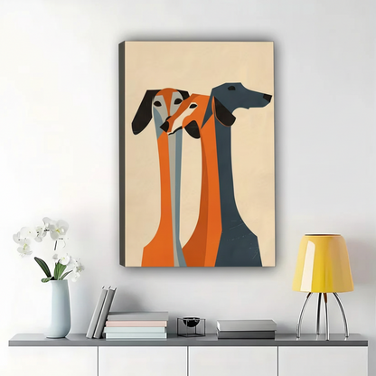 The Geometric Dachshund Trio – Modern Abstract Wall Art on Natural Wood Canvas | W632