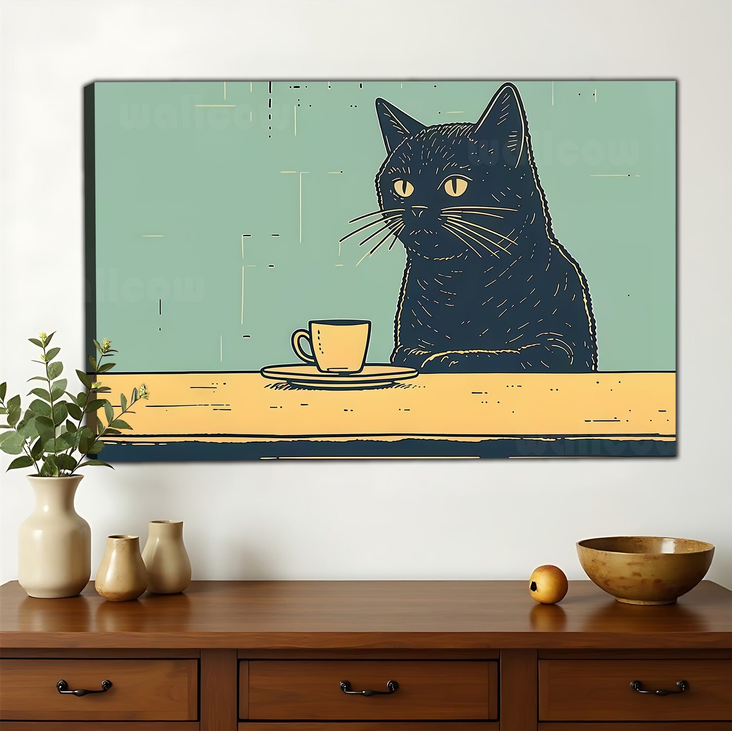 The Coffee-Sipping Minimalist Black Cat – Cozy Casual Wall Art on Natural Wood Canvas | W606