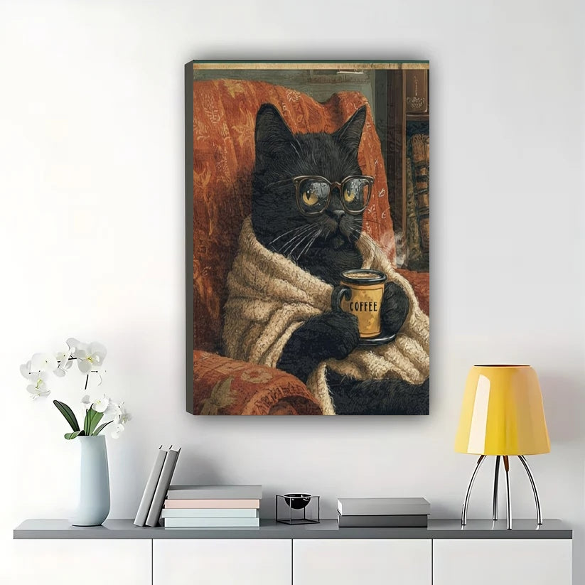 “I Drink Coffee and I Know Things” Retro Black Cat – Humorous Poster Wall Art on Natural Wood Canvas | W782