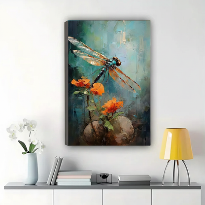 Dragonfly & Orange Blossoms Wall Art – Textured Impasto Oil Painting Canvas Print on Natural Wood Frame | W2151